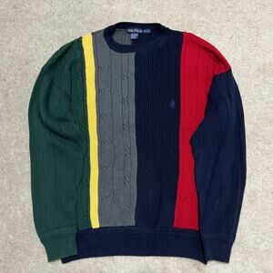 Vintage Nautica Navy/Red/Green/Yellow/Grey Cable Knit Sweater XL